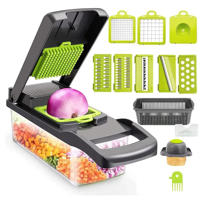 Vegetable Chopper Slicer Multifunctional 16 in 1 Food Choppers Onion Chopper Vegetable Slicer Cutter Dicer Veggie Chopper with 8 Blades, Colander Basket, Container for Salad Potato Carrot Garlic
