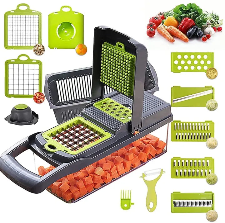 Vegetable Chopper Slicer Multifunctional 16 in 1 Food Choppers Onion Chopper Vegetable Slicer Cutter Dicer Veggie Chopper with 8 Blades, Colander Basket, Container for Salad Potato Carrot Garlic