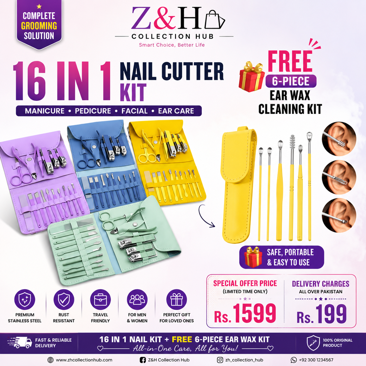 16 in 1 Nail kit Manicure Cutters Nail Clipper Set Household Stainless Steel Ear Spoon Nail Clippers Pedicure Nail Scissors Tool Set (Random Color)