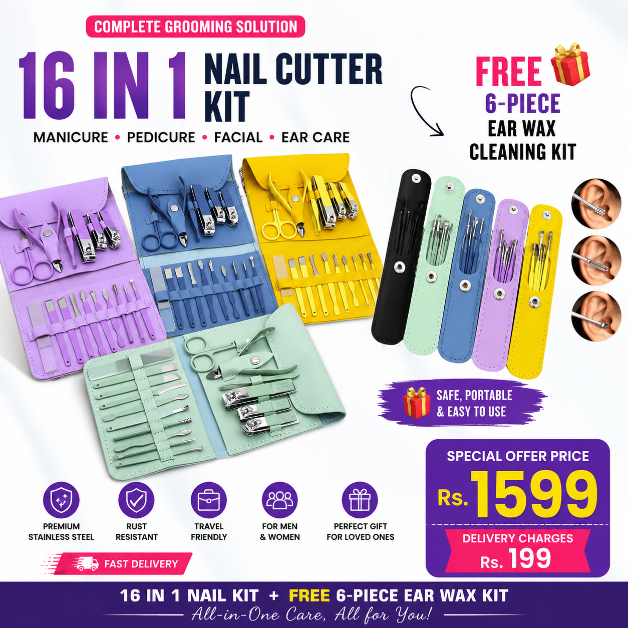 16 in 1 Nail kit Manicure Cutters Nail Clipper Set Household Stainless Steel Ear Spoon Nail Clippers Pedicure Nail Scissors Tool Set (Random Color)